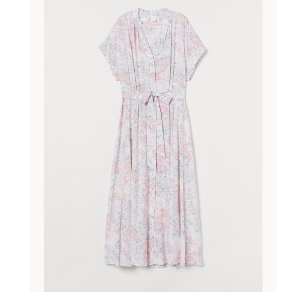 H&M Lovely Soft Pink-Green Floral Dress w/Tie Belt